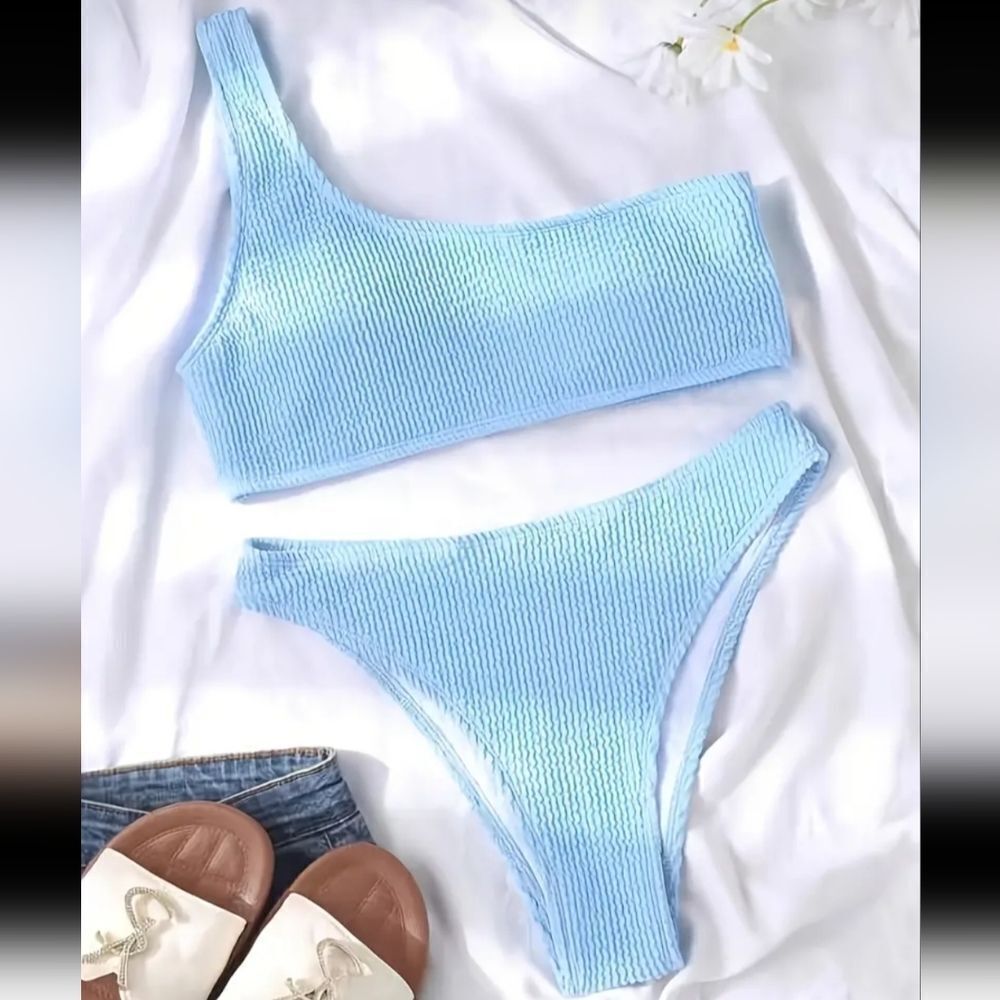 One Shoulder Rib Knit Texture Bikini Set sz Medium - Picture 5 of 6